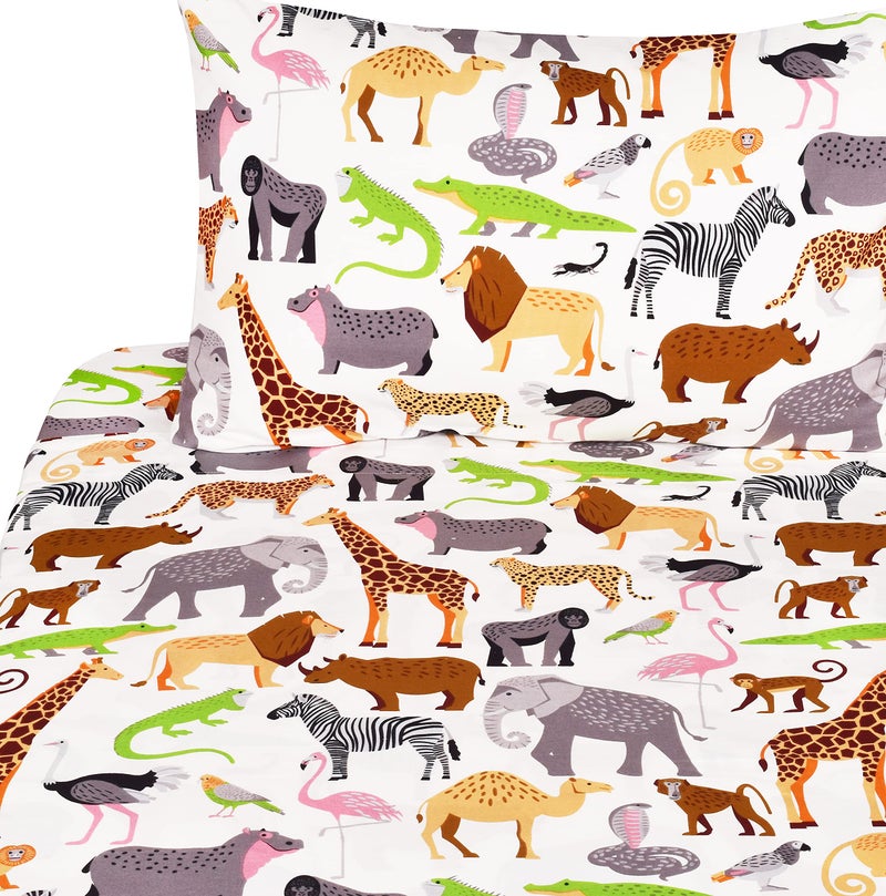 J-pinno Jungle Animals Leopard Ostrich Crocodile Snake Twin Sheet Set Kids Boys Bedroom Decoration Gift, 100% Cotton, Flat Sheet + Fitted Sheet + Pillowcase Bedding Set (15, Twin) - Image 1